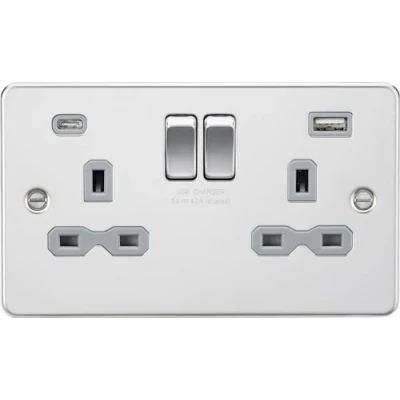 Image of KnightsBridge 13A 2G SP Flat Plate Switched Socket with Dual USB A+C Polished Chrome, Grey Insert