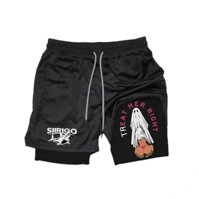Image of Siirigo Shorts Men, Sexy Boobs Graphic Print Gym Performance Shorts, Running with Phone Pocket (M,B 1)