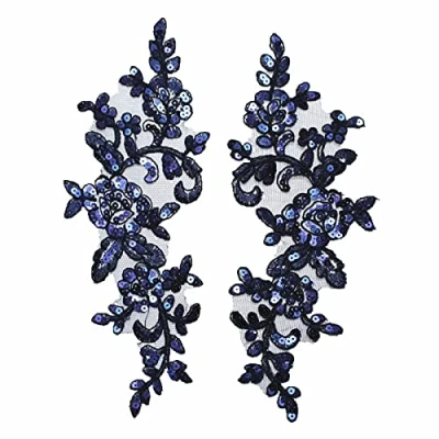 Image of SUNMOVE Pair of Embroidery Sequin Lace Applique Sewing Flower Fabric Collar Patch Motif Wedding Gown Dress Bridal DIY Crafts （Navy）