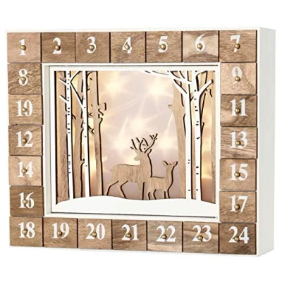 Image of BRUBAKER Reusable Wooden Advent Calendar to Fill White Winter Landscape with LED Lighting DIY Christmas 13.98 x 2.36 10.63 inches