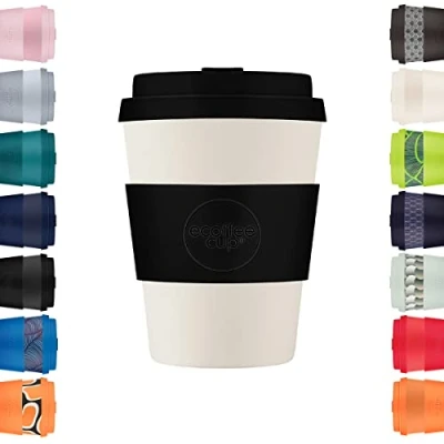 Image of Ecoffee Cup 12oz 350ml Reusable Eco Friendly 100% Plant Based Coffee with Silicone Lid &amp; Sleeve Melamine Free Biodegradable Dishwasher/Microwave Safe Travel Mug, Black Nature