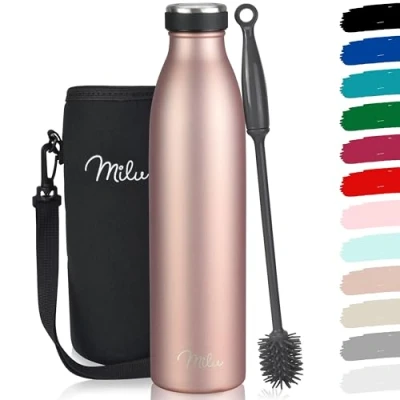 Image of Milu Stainless Steel Drinking Bottle 350ml 500ml 750ml 1L 1,5L Thermo Bottle, Insulated Water Leak Proof Double Walled, Carbonated incl. Cleaning Brush (Rose Gold, 1L)
