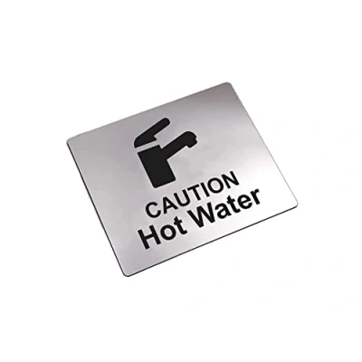 Image of Caution Hot Water Tap Sink Sign with Adhesive Sticker Backing, Metallic Silver Engraved Black Universal Icon Symbol and Text. Self Safety Signs. (Size 12 cm x 10 cm)