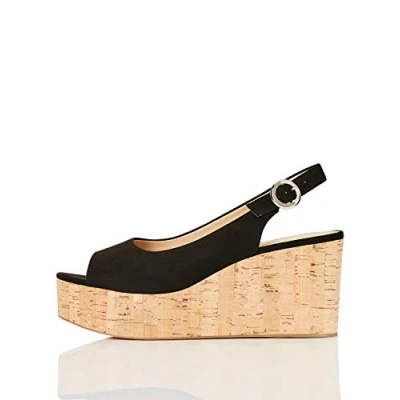 Image of FIND Cork Peep Toe Sling Back Wedge Open Heels, Black, 3.5 UK