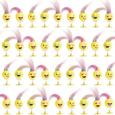 Image of THE TWIDDLERS 36 Emoji Spring Jump Up Pop Toys for Kids, 6cm Smiley Face Birthday Party Favours with Multicolour Hair, Multipack Goody Bag Fillers and Jumping Toy Gift Set, Classroom Prizes