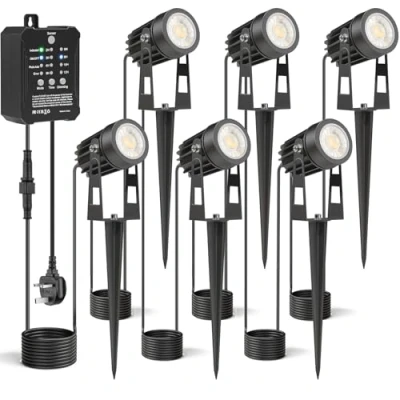 Image of HIBOITEC 6PCS Outdoor Garden Lights with Transformer, 52FT Photocell Sensor Spot Dimmable 4000K Waterproof Fence Lights, Timer for House Yard Trees Plants