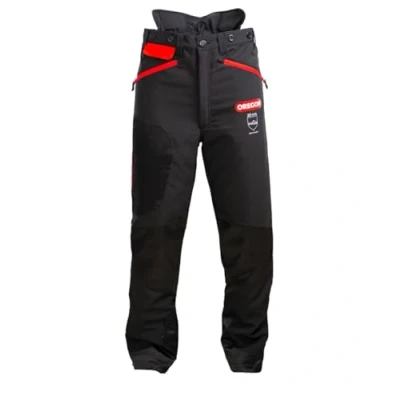 Image of Oregon Waipoua Chainsaw Protective Safety Trousers, Type A Class 1 Protection, Adjustable Lightweight Breathable Re enforced Clothing, Size 2XL / EU 58 60 Black/Red (295466/2XL)