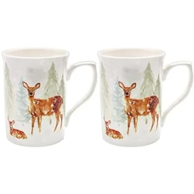Image of The Leonardo Collection LP52751 Christmas Forest Family Deer Mugs (Set of 2), Fine China, Boxed