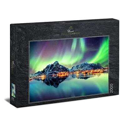 Image of Ulmer Puzzleschmiede Puzzle &quot;Lights Dance of the North&quot; 2000 Pieces Norwegian Motif with North Lights in Night Sky Over Fishing Villages on Lofoten, Norway