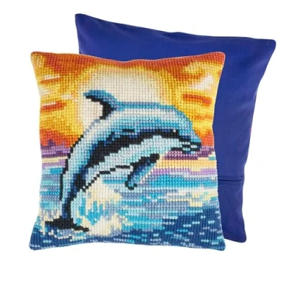 Image of Trimits Cross Stitch Cushion Kit, Back Included, Pre Printed Canvas, Yarn and Needle Included 40 x 40cm (15.75 15.75in), Dolphin
