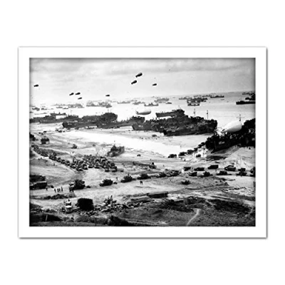 Image of WWII War US Landing Ships Omaha Beach D Day 1944 Photo Artwork Framed Wall Art Print 18X24 Inch