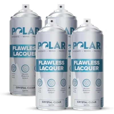 Image of Polar Flawless Clear Lacquer Spray 4 x 400ml Satin Finish Non Yellowing &amp; Scratch Resistant Interior Exterior Surfaces for Wood, Metal, Plastics, Glass Ceramics