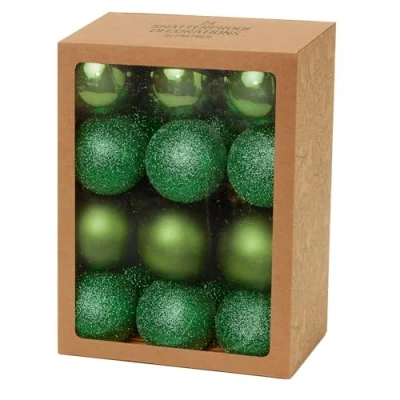 Image of Christmas Shatterproof Baubles 24 Pack 60mm Tree Decoration Dark Green glitter, matte, and shiny 9552