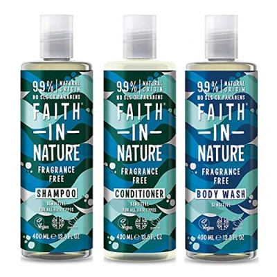 Image of Faith In Nature Fragrance Free Shampoo, Conditioner &amp; Body Wash Trio Vegan Cruelty 99% Natural From SLS or Parabensshampoo and conditionerunscented shower gel