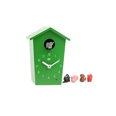 Image of KOOKOO AnimalHouse green, striking small cuckoo clock with 5 farm animals sounds, natural field recordings, modern sleek designed