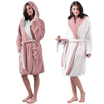 Image of HOMELEVEL Sherpa reversible bathrobe lambskin look for ladies and gentlemen with hood dressing gown housecoat
