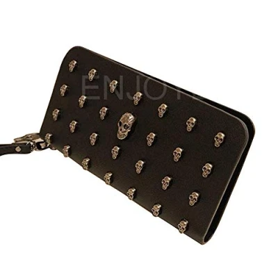 Image of Women Skull Purse, Lady Punk Style PU Leather Long High end Cross Pattern Wallet Zipper Purse Plated Handbag