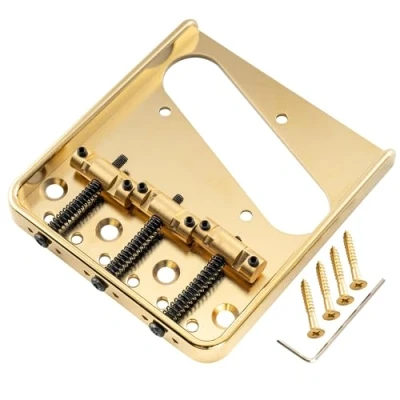 Image of Musiclily Ultra 54mm (2 1/8 inch) String Spacing Full Solid Aluminum Plate with Brass Compensated 3 Saddle Vintage Tele Style Bridge, Gold