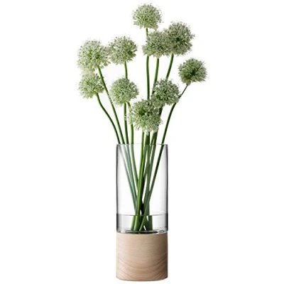 Image of LSA International Lotta Vase Clear &amp; Ash Base H36cm 1 Unit Mouthblown Handmade Glass Hand Planed Wood LW22