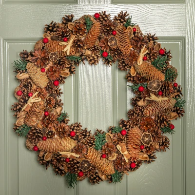 Image of 50cm Winter Spice Hanging Christmas Wreath with Pine Cones Red Berries &amp; Dried Fruit