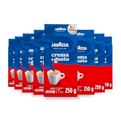Image of Lavazza, Crema e Gusto Classico, Ground Coffee, 8 Packs of 250g, Ideal for Moka Pot or Filtered Coffee,Rounded and Inviting Taste, Intensity 7/10, Spicy Aromatic Notes, Arabica Robusta,Dark Roast
