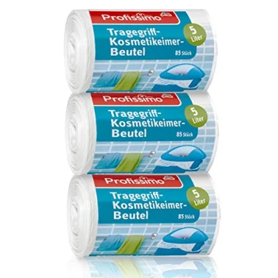 Image of Cosmetic bin liners with carry handle, 5 litres, pack of 3, 255 (3 x 85 pieces), made recyclable polyethylene (PE).