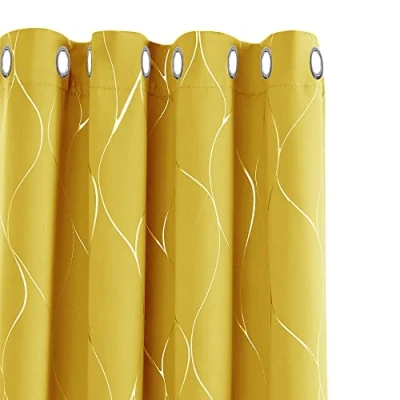 Image of Deconovo Blackout Curtains, Eyelet Home Decoration Thermal Insulated Silver Wave Line Foil Printed for Living room, 66 x 90 Inch(Width Length), Mellow Yellow, 2 panels