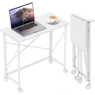Image of HOMCOM Small Folding Desk, 80 cm Foldable Computer Desk on Wheels for Space, Easy Assembly, Space Saving Writing Table Home Office, Bedroom, White