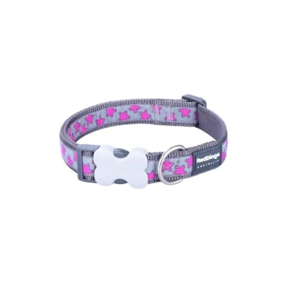 Image of Red Dingo Bucklebone Dog Collar Design, Hot Pink Stars on Grey, Small 15mm