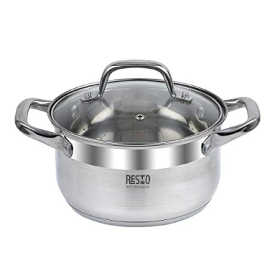 Image of RESTO Stainless Steel Casserole with Lid 2 Liters Cooking Pot 18cm Induction Stock Dish Tempered Glass