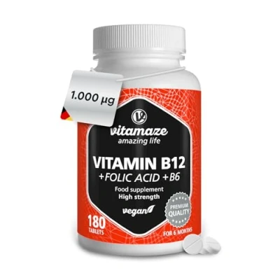 Image of Vitamin B12 High Strength Methylcobalamin with Vitality Formula B9 Folic Acid + B6, 180 Vegan Tablets for 6 Months, Natural Supplement from Germany