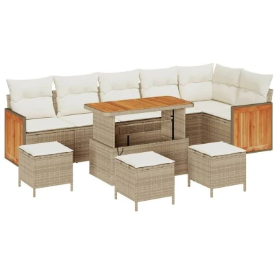 Image of vidaXL 10 Piece Garden Sofa Set with Cushions Beige Poly Rattan Acacia