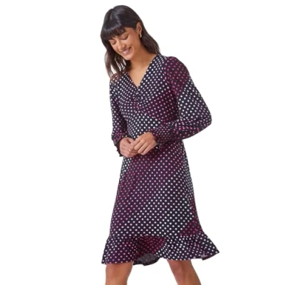 Image of Roman Originals Long Sleeve Tea Dress for Women UK Ladies Fit &amp; Flare Skater Swing Wrap Stretchy Frill Autumn Winter Evening Cocktail Party Work Office Casual Knee Length Pink White Size 20
