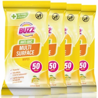 Image of Buzz Antibacterial Wipes 200pk, Lemon Scented Cleaning Surface Cleaning, Kills 99.9% of Bacterial Anti bac Wipes, Kitchen