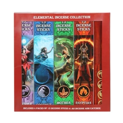 Image of Anne Stokes Elemental Magic Incense Set Four Elements Gift Pack with Sorceress themed Sticks Mother Earth, Lavender, Egyptian Musk, Coconut Fragrances Includes Ash Catcher in