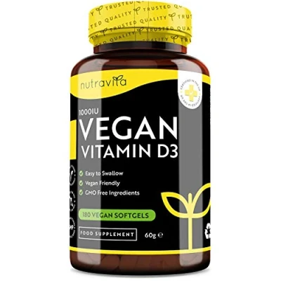 Image of Vegan Vitamin D 1000iu (25ug) Plant Based D3 Softgel Capsules Derived from Lichen Maintenance of Healthy Immune System, Muscles, Bones &amp; Teeth 180 Softgels Made in The UK by Nutravita