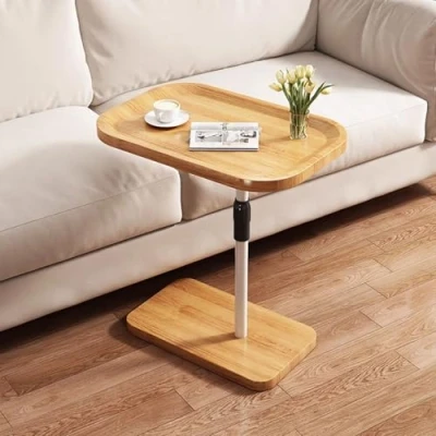 Image of C Shaped Side Table Adjustable Height, Sofa Table, Oval Coffee Farmhouse Couch Tables Modern Design, Wood End Nightstand(Beige)