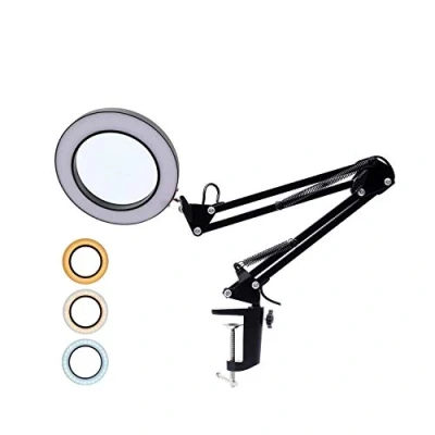 Image of NEW FLASH LED Magnifier Lamp, 5X Magnifying Glass Desk Lamp with Clamp, 3 Colors Illuminated &amp; 10 Dimmable Brightness, USB Powered 250mm Adjustable Metal Swivel Arm Light (Black, 12W)