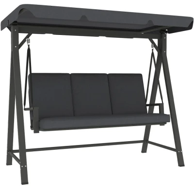 Image of Outsunny 3 Seater Garden Swing Seat with UPF30+ Adjustable Canopy, Chair Cushion, Outdoor Hammock Bench for Balcony Patio, Dark Grey