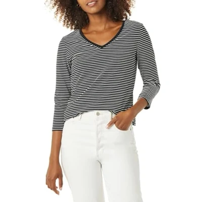 Image of Amazon Essentials Women&#039;s Classic Fit 3/4 Sleeve V Neck T Shirt (Available in Plus Size), Black White Stripes, S