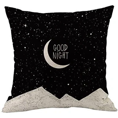 Image of CANSEGO Moon Cushion Covers Night Sky Stars Mountain Good Quote Black White Square Pillowcases Cotton Linen Throw Pillow for Women Men Boys Girls Bed 18x18 Inch