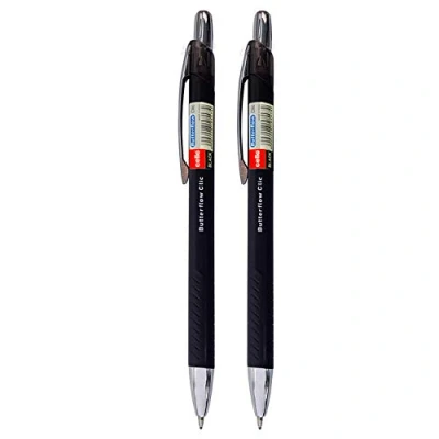 Image of Cello Butterflow Clic Retractable Ballpoint Pens Medium Point (0.8 mm) Pack of 2 Biro, Black Pen