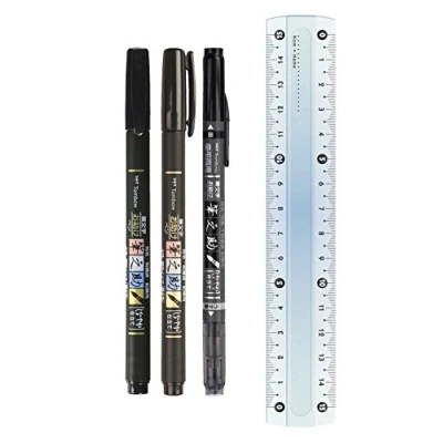 Image of Tombow Brush Pen Fudenosuke Set of 3 Soft + Hard Tip (Black) Dual (Colour Black Grey) Includes Ruler