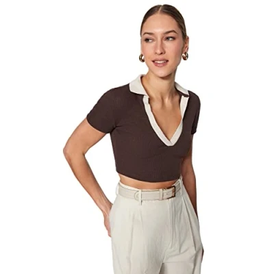 Image of Trendyol Woman Slim fit Basic Polo Neck Knit Blouse,Brown,XL