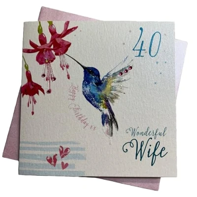 Image of WHITE COTTON CARDS Hummingbird, Wonderful Wife 40 Happy Handmade 40th Birthday Card, White, wb192