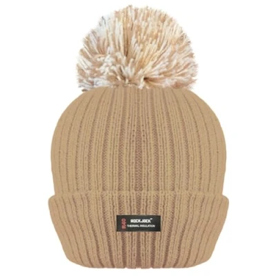 Image of RockJock R40 Ladies Womens Winter POM Ribbed Beanie HAT with Advanced Thermal Insulation 1 Camel