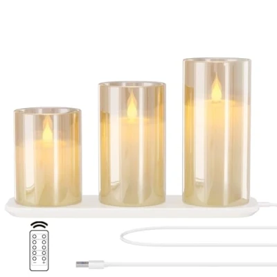 Image of EXTSUD Rechargeable Flameless Candle, Set of 3 Flickering Glass LED Candles with Charging Base and Remote Control, Tea Lights Timer Function for Festival Wedding Party Decoration