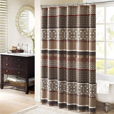 Image of Madison Park Princeton Geometric Jacquard Fabric Shower Curtain, Transitional Curtains for Bathroom, 72 X 72, Red