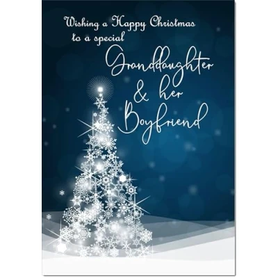 Image of doodlecards Granddaughter and Boyfriend Christmas Card Blue Contemporary Tree Medium Size for &amp; with Plain Envelope