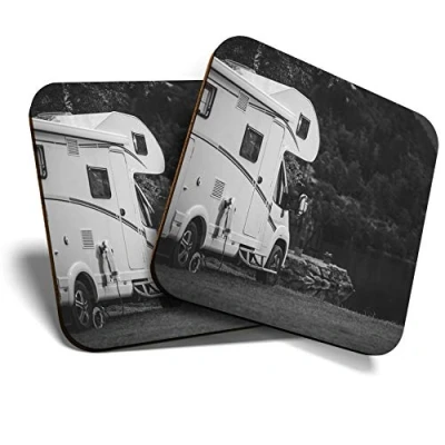 Image of 2 x Square Coasters Camper Van Motorhome Camping Cork Backed Home Kitchen Accessory Tea Coffee Mug Mat #37385